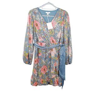 LC Lauren Conrad Faux Wrap Fit & Flare Dress Navy Peony Sequin Size Small